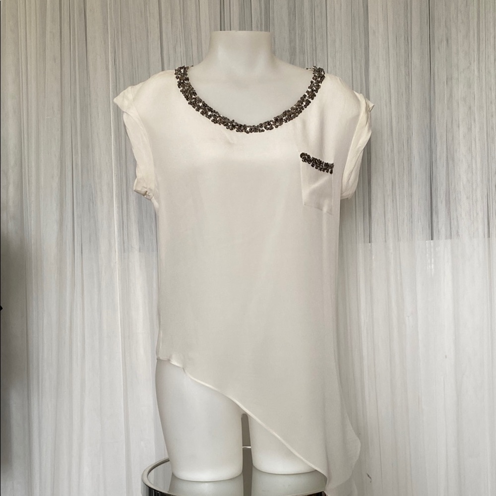 Greylin 100% Silk Embellished Cream Asymmetrical Women's Top Size S